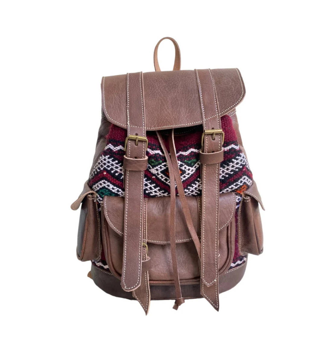 Handcrafted Genuine Leather & Red Kilim Backpack – Brown Leather | Leather Strap