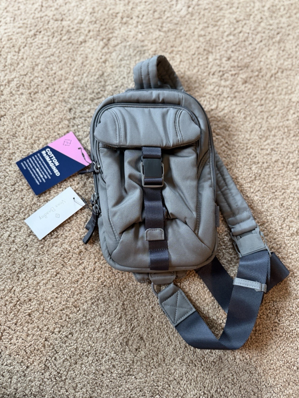 Vera Bradley Gray Solid Sling Bag Crossbody Chest Pack Zip & Buckle Closure