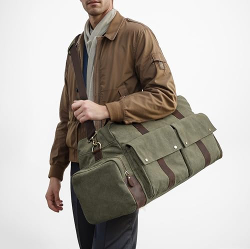 Unisex 56L Duffle Bag Canvas Travel Bag Carry on Leather Trim Army Green