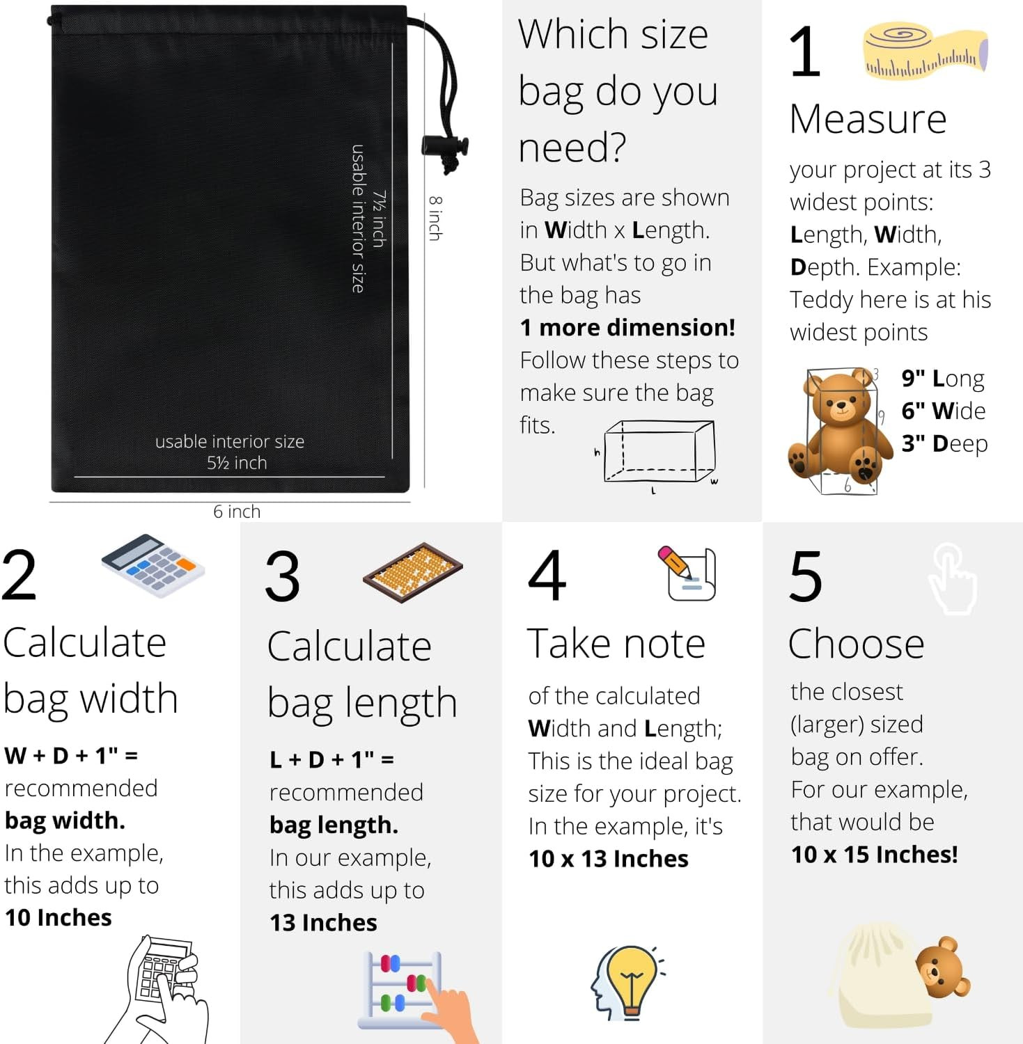 Drawstring Bag with Toggle – Nylon Cinch and Ditty Pouch – Six Pack (Black, 6 X