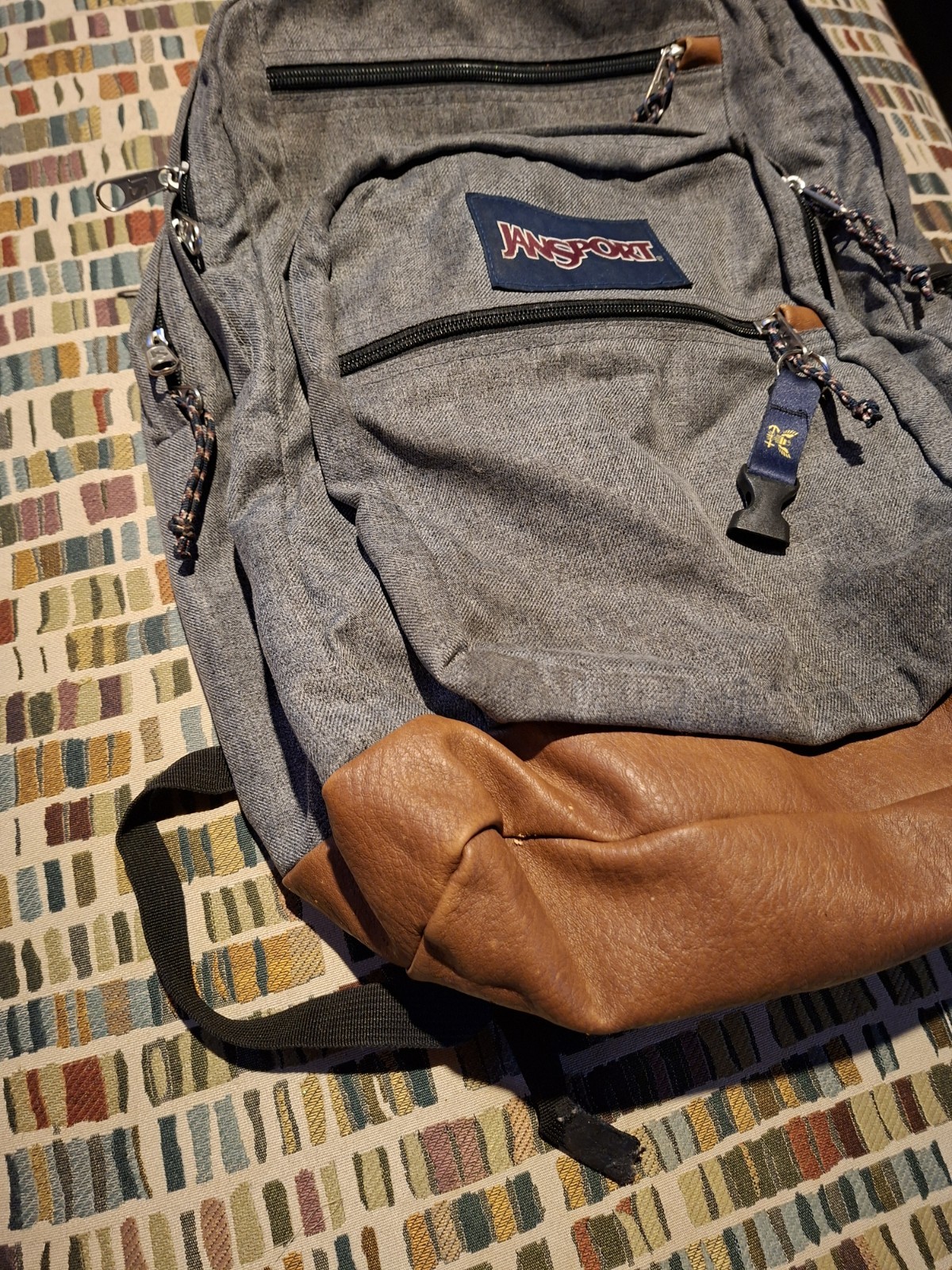 JanSport Backpack Cool Student Laptop Gray Faux Brown Leather Bottom JS0A2SDD