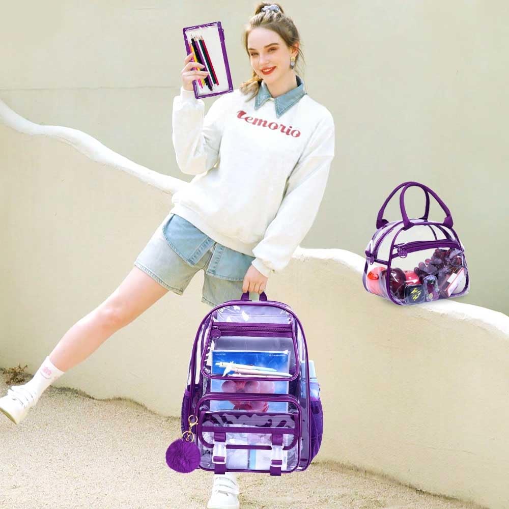3PCS Clear Backpack Heavy Duty, See Through School Bag for Women, Deep Purple…