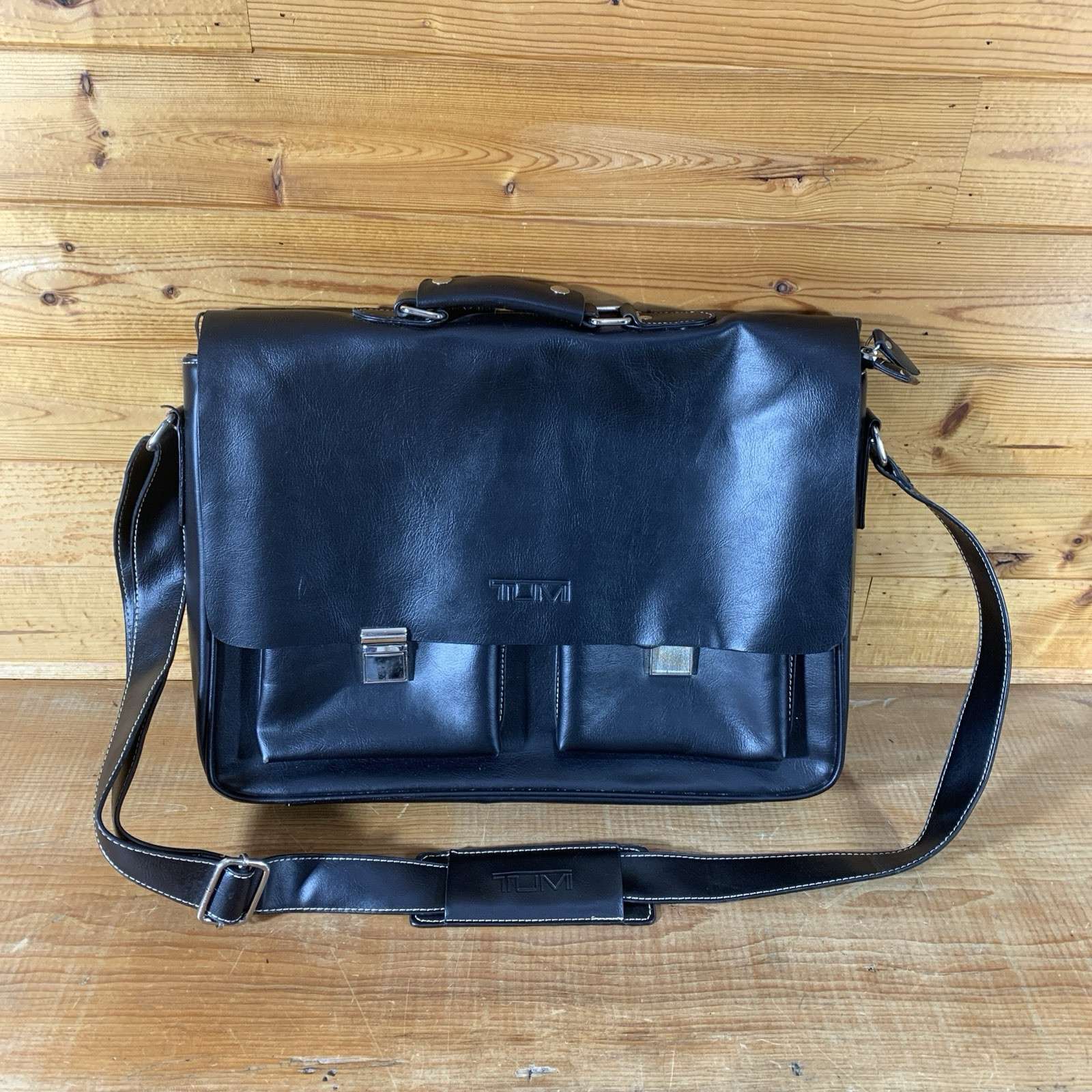 Tumi Messenger Bag, Black Leather Contrast Stitch, Leather Strap, Missing Latch