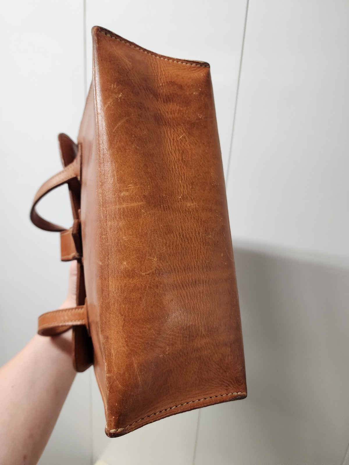 Rugged Satchel Tote Bag | Tan Brass Leather Strap Made in USA VG