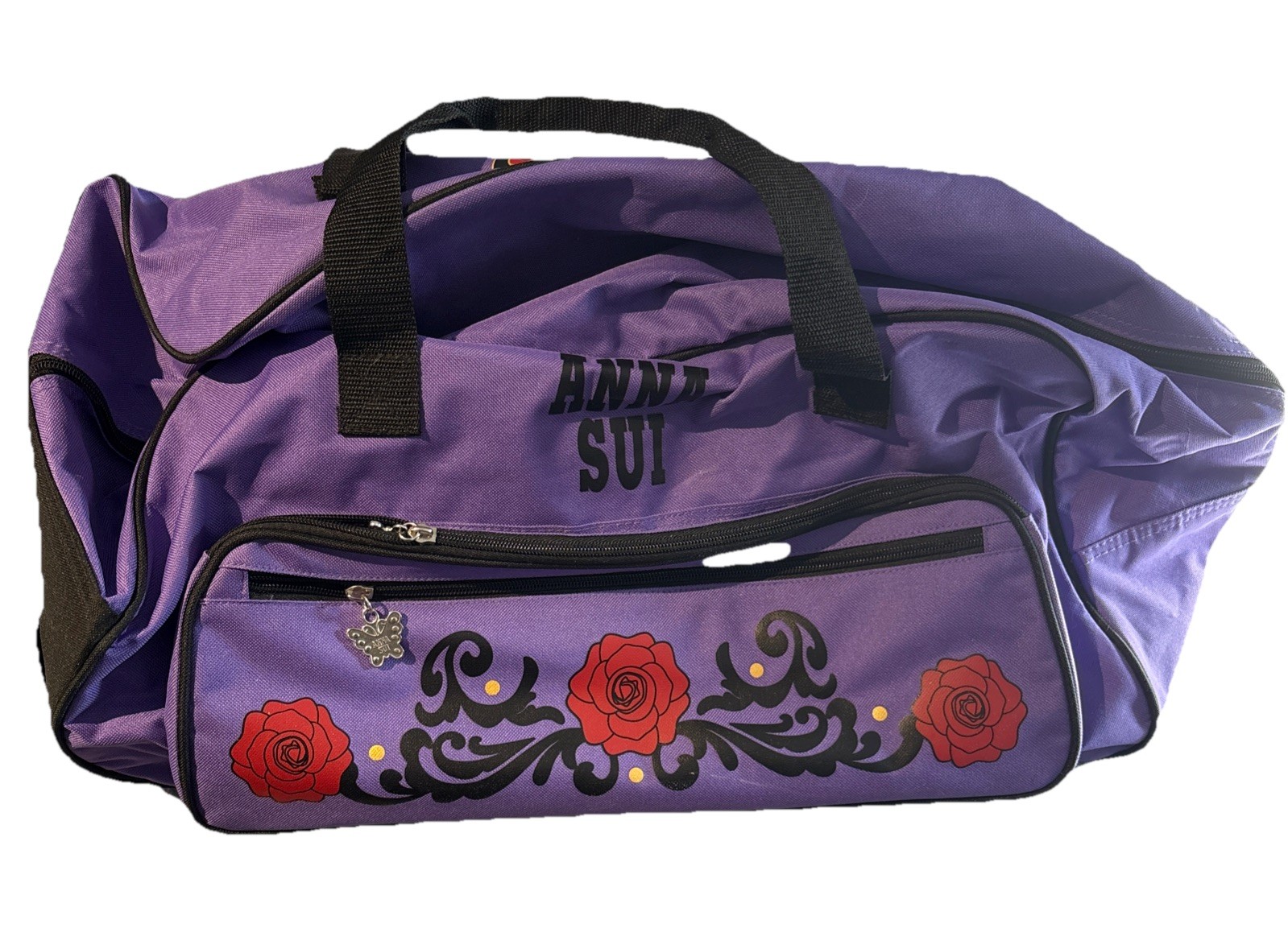 ANNA SUI Roling Luggage Carry On Duffle Bag Purple W Butterfly Red Roses Read