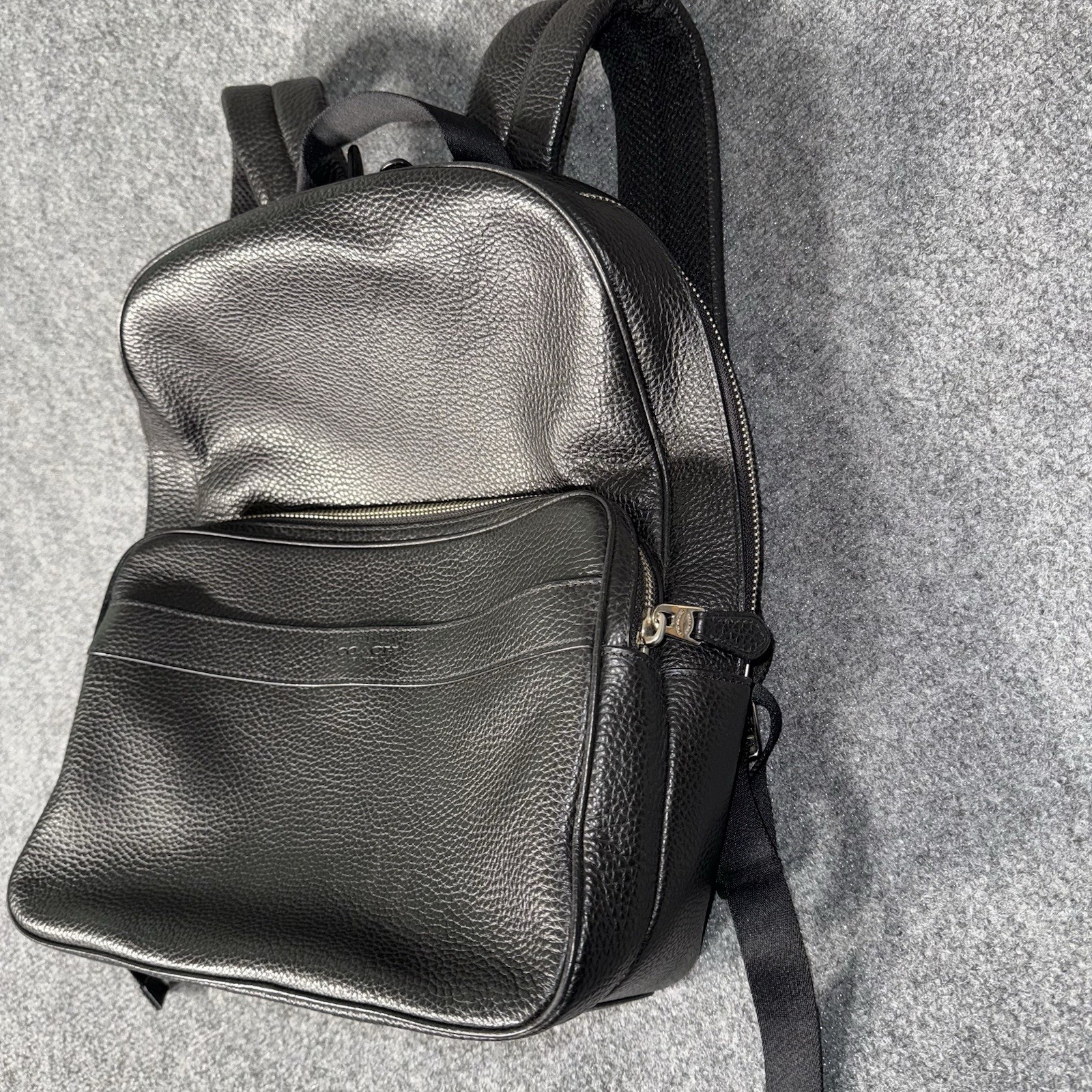 Coach Black Gotham Backpack Black Polished Pebble Leather Calf Trim Zip Pocket
