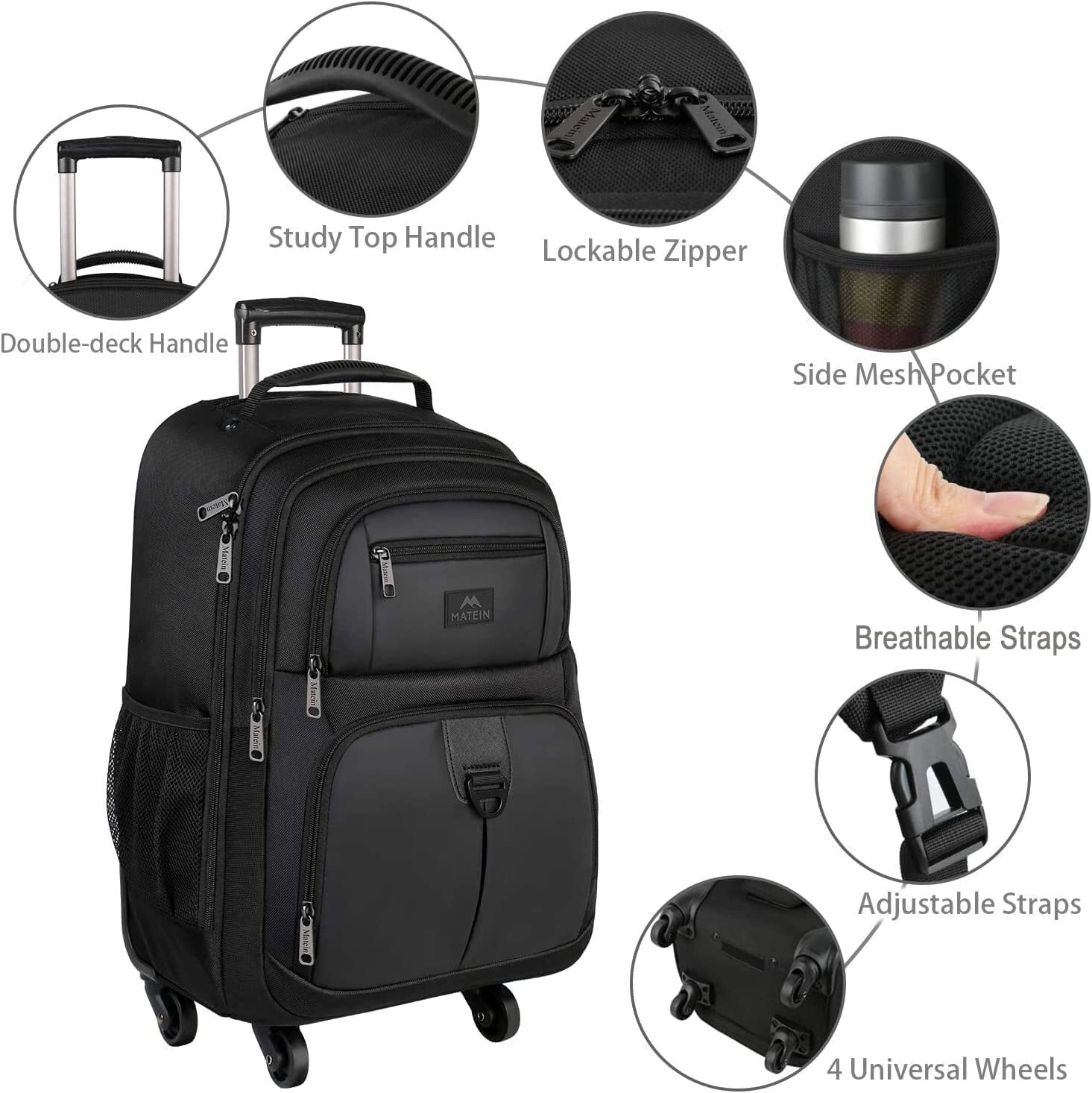 Rolling Backpack for Travel 4 Wheels Laptop Backpack for Women Men Water