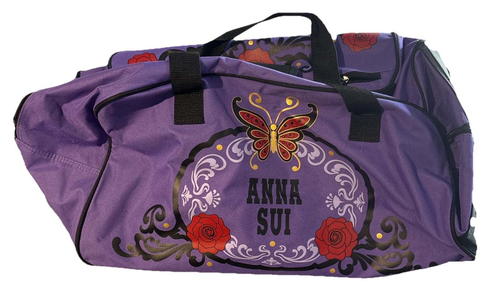 ANNA SUI Roling Luggage Carry On Duffle Bag Purple W Butterfly Red Roses Read
