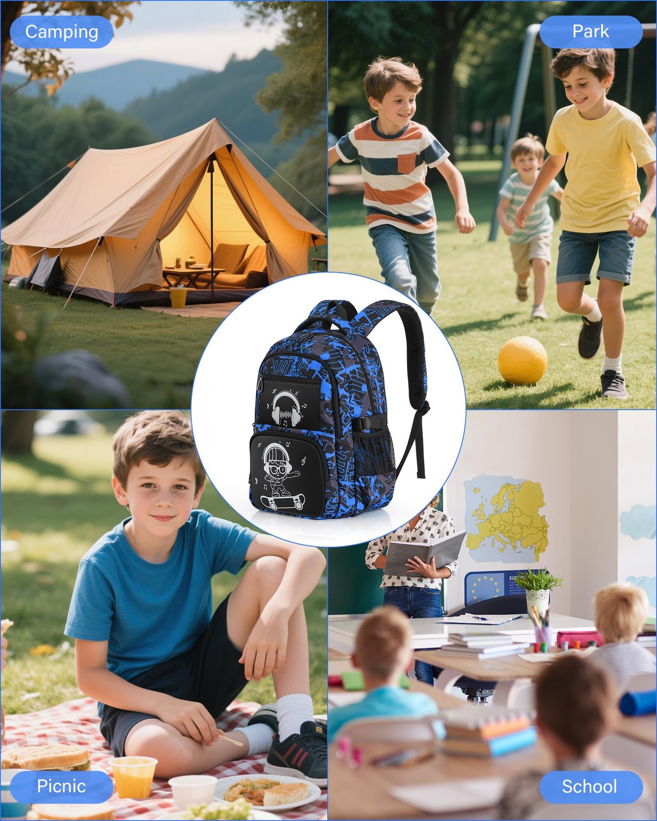 School Backpack Boys Camo Bookbag Teens Middle School Waterproof Travel Blue