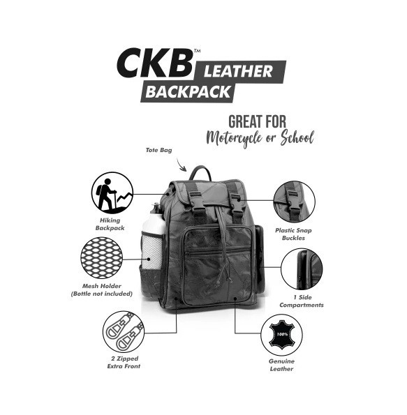 Black 100% Genuine Leather Backpack – Great For Motorcycle, School, Hiking