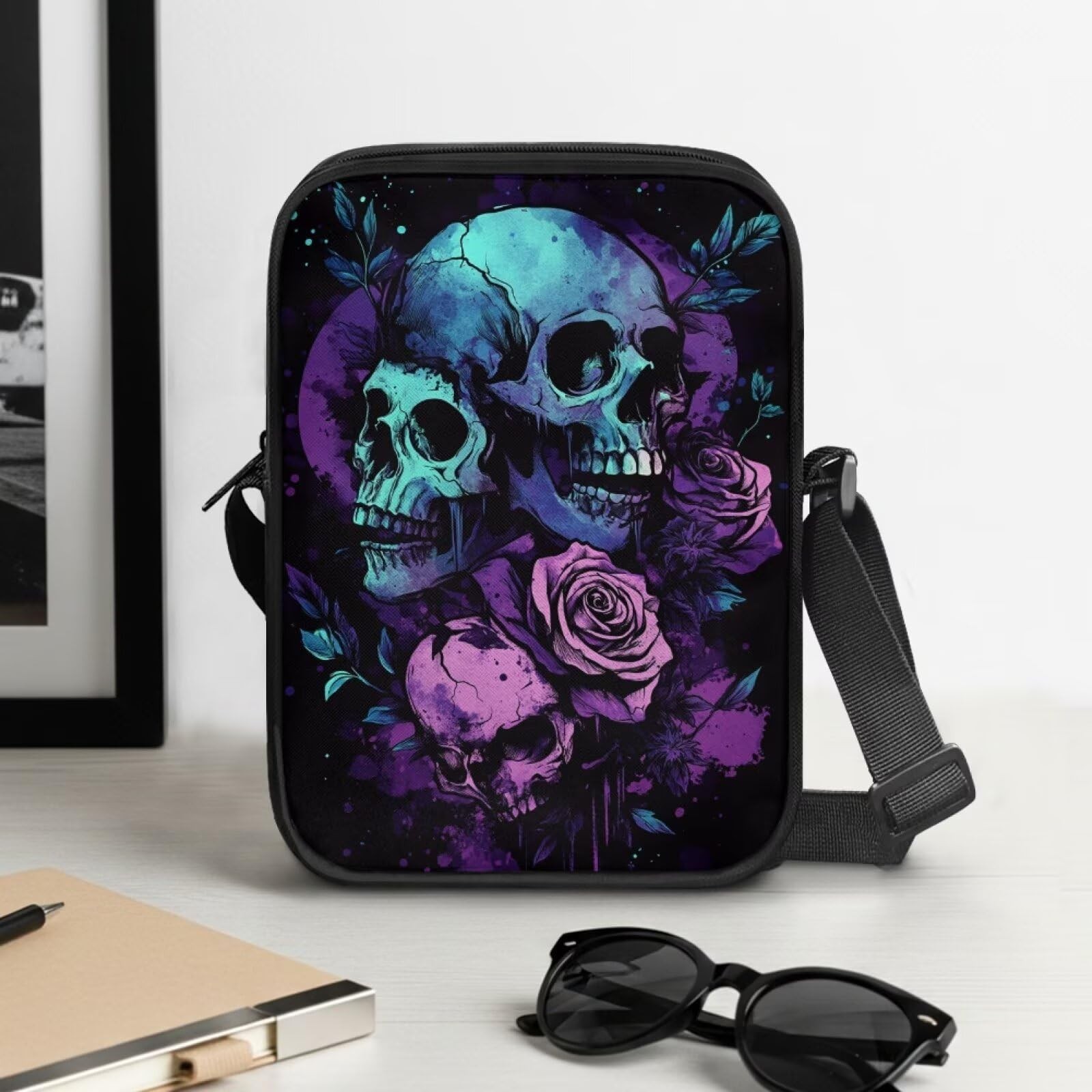 Gothic Skull Rose Crossbody Bag for Travel Black Womens Small Messenger Bag L…