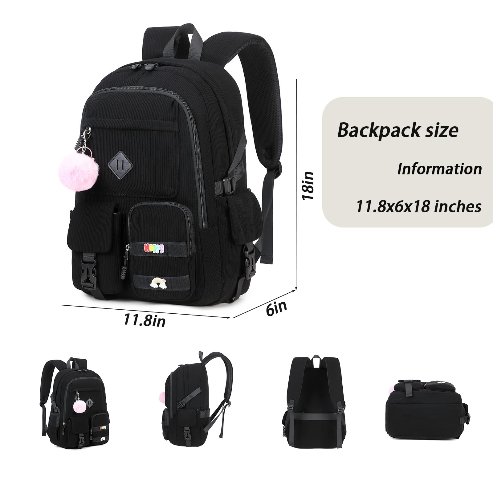 Corduroy Black Middle School 6th 7th Grade Cute Aesthetic Backpack For Girls