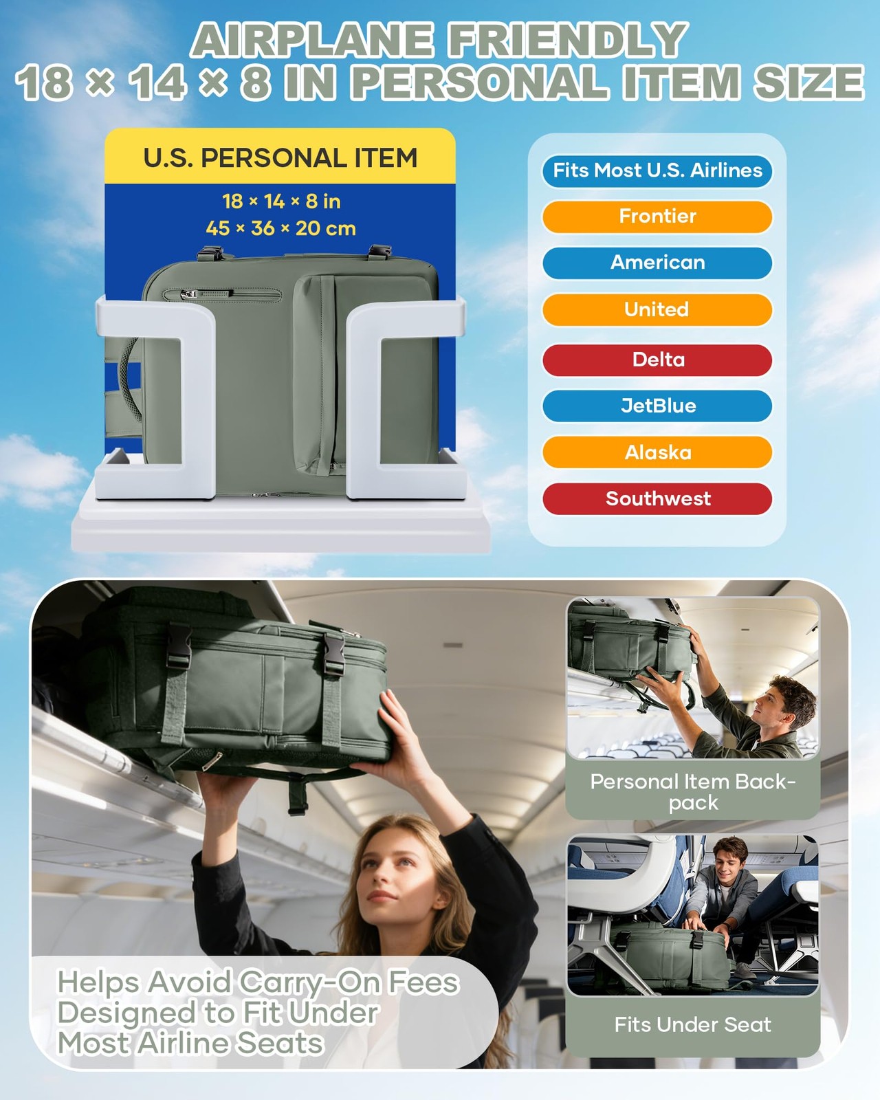 18x14x8 TSA-Approved Personal Item Backpack – Under Seat Carry-On Travel Bag …