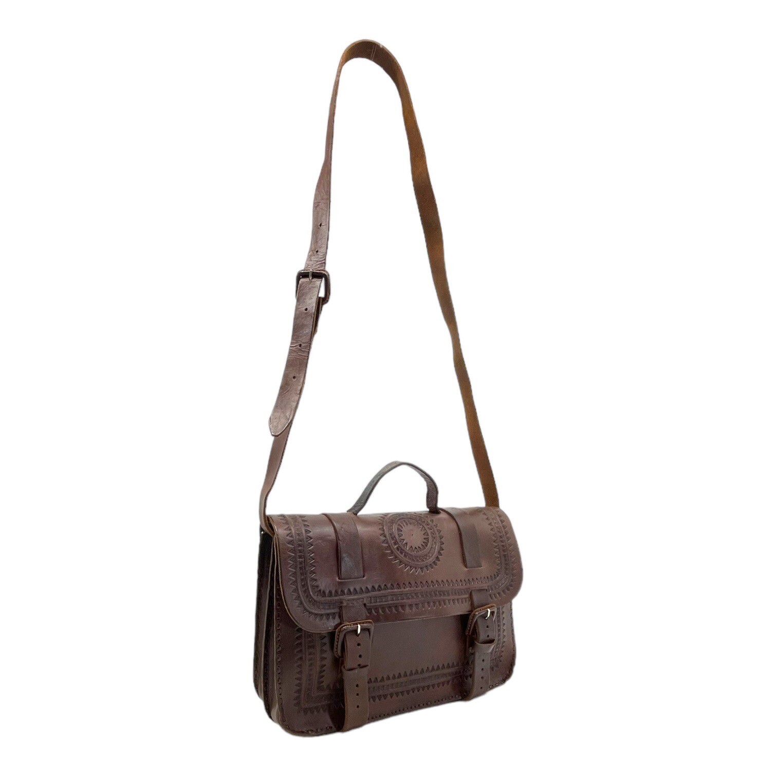Vintage 70s Large Handmade Tooled Leather Messenger Bag Crossbody Laptop Travel