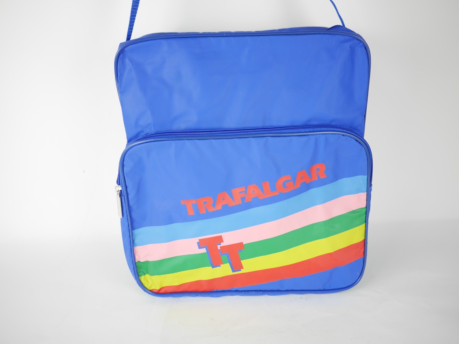 Vtg TRAFALGAR Blue & rainbow nylon Messenger Travel Bag Overnight 13.5″x12.5″