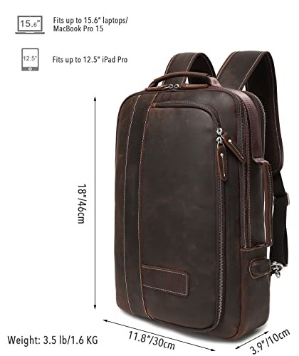 Men’s Full Grain Leather Expandable 15.6 Laptop Backpack Tote Shoulder Brown