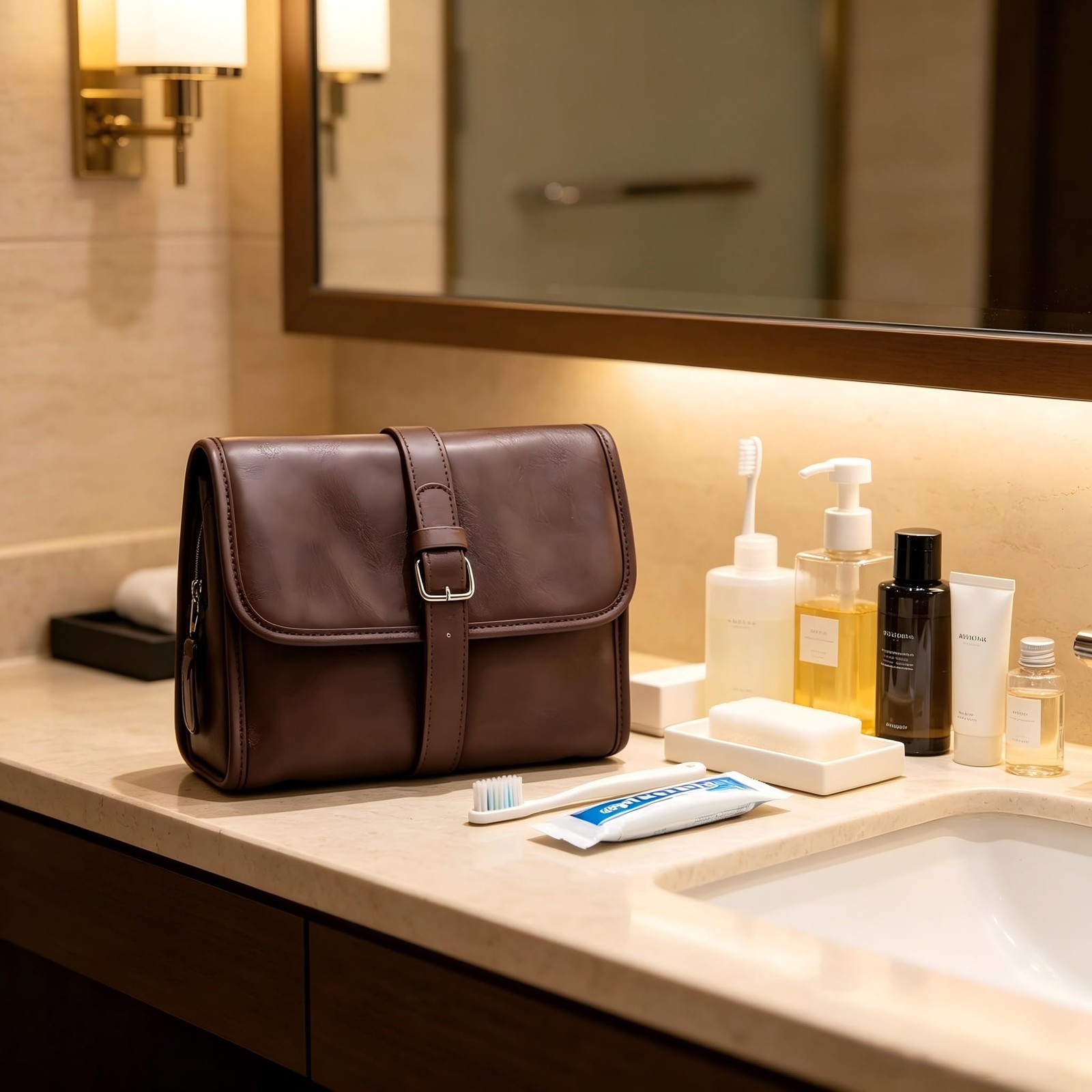 RCFJ b y K L A N D PU Leather Hanging Toiletry Bag for Men, Folding Brown