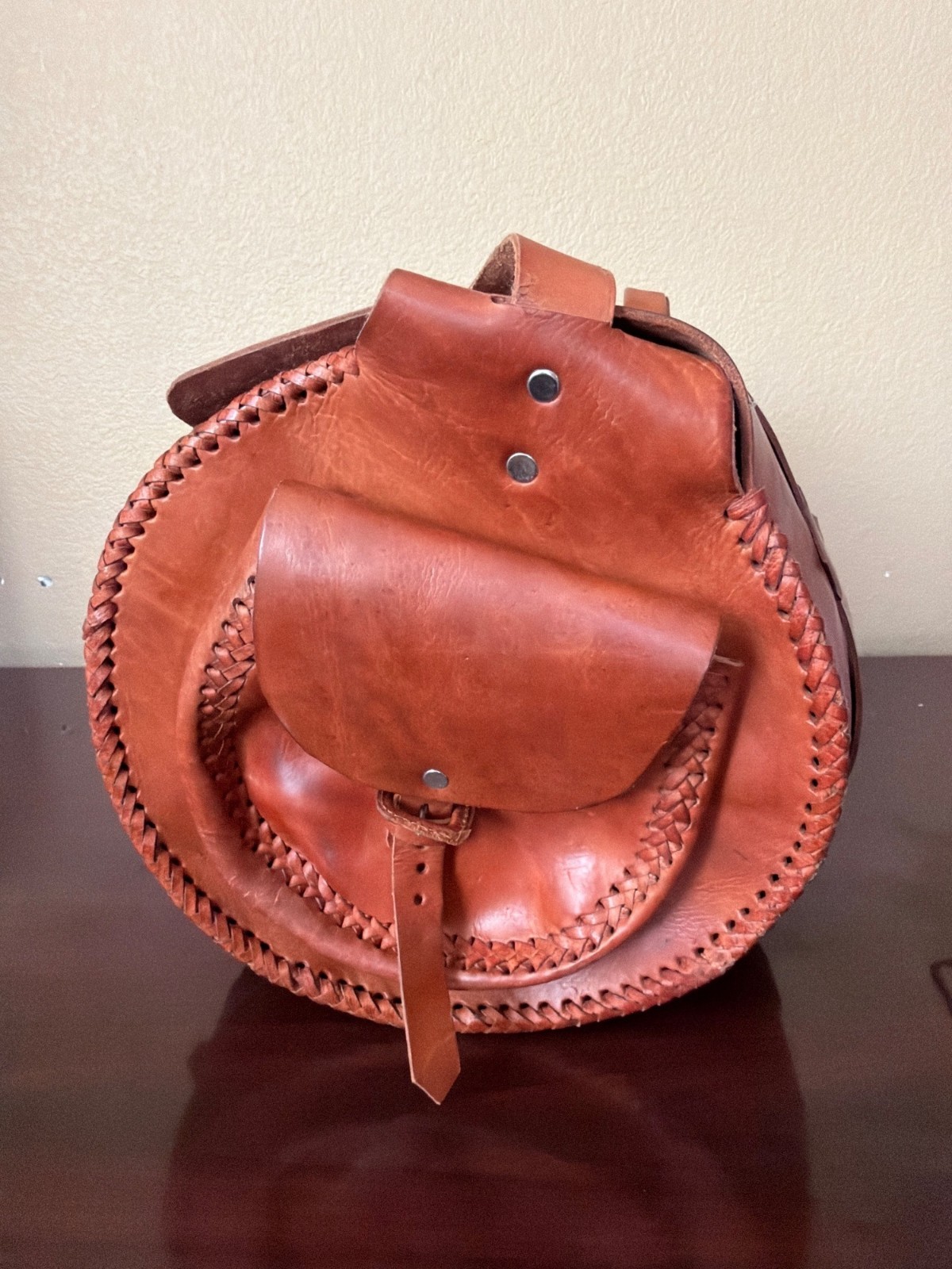 Vintage Handmade Full Grain Cognac Leather Duffel Barrel Travel Bag 20″