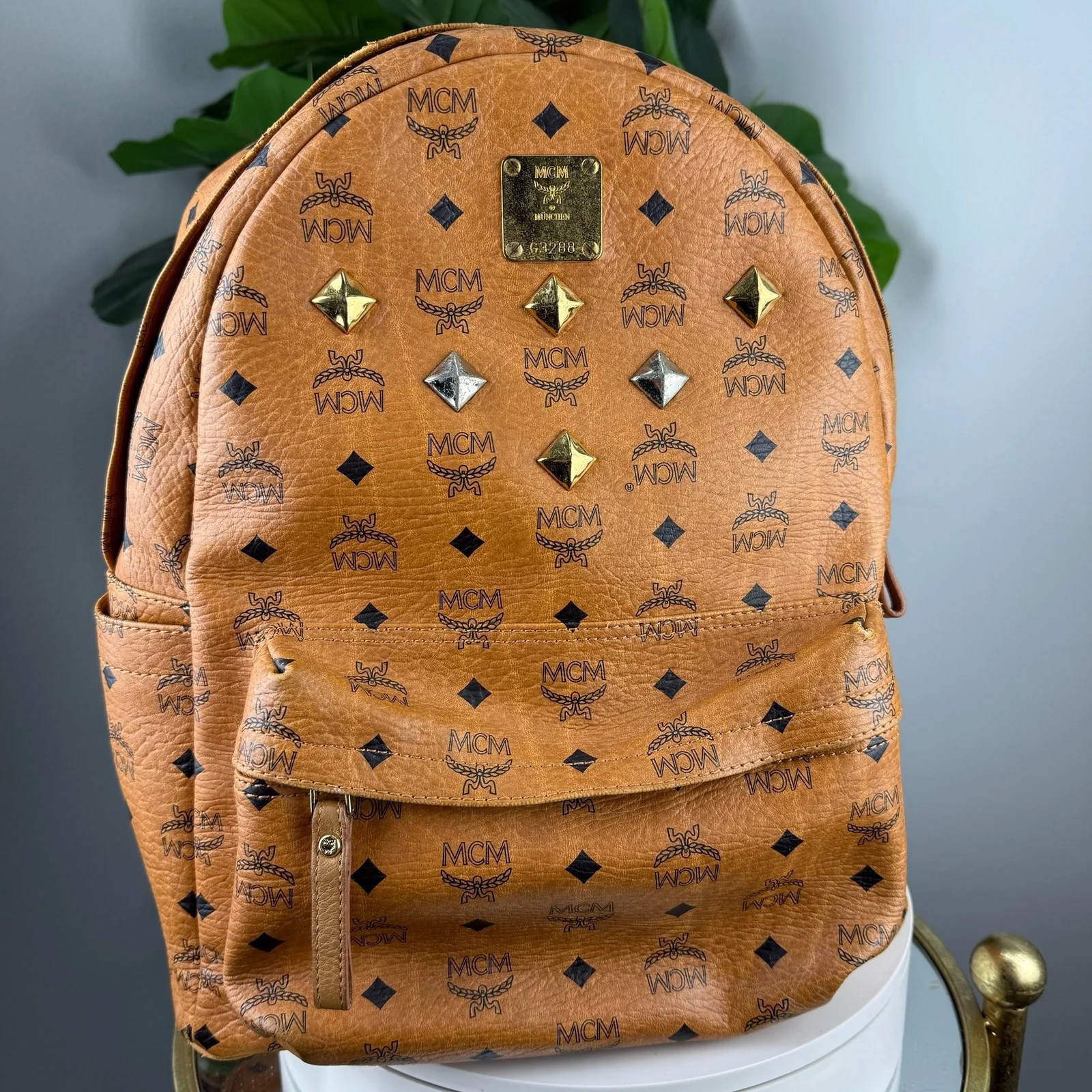 Authentic MCM Stark Studded Backpack Cognac Visetos