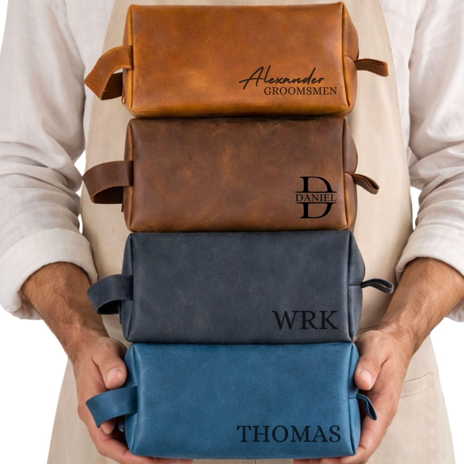 Personalized Leather Toiletry Dark Brown, Light Antic Black, Navy Blue
