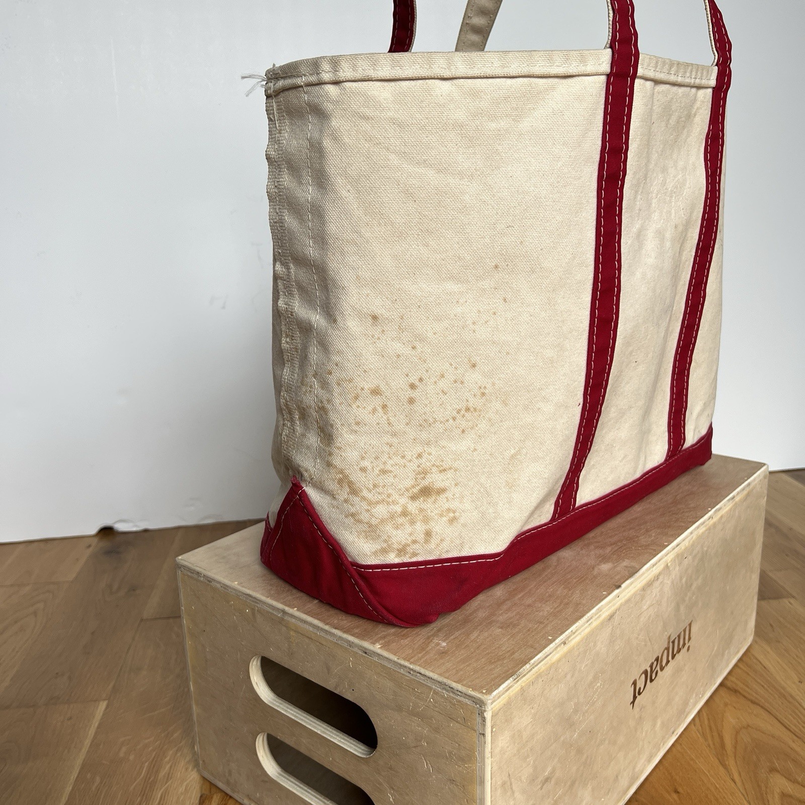 Vintage 90’s 00’s LL Bean Boat and Tote Bag Large Ivory Red Canvas USA Stained