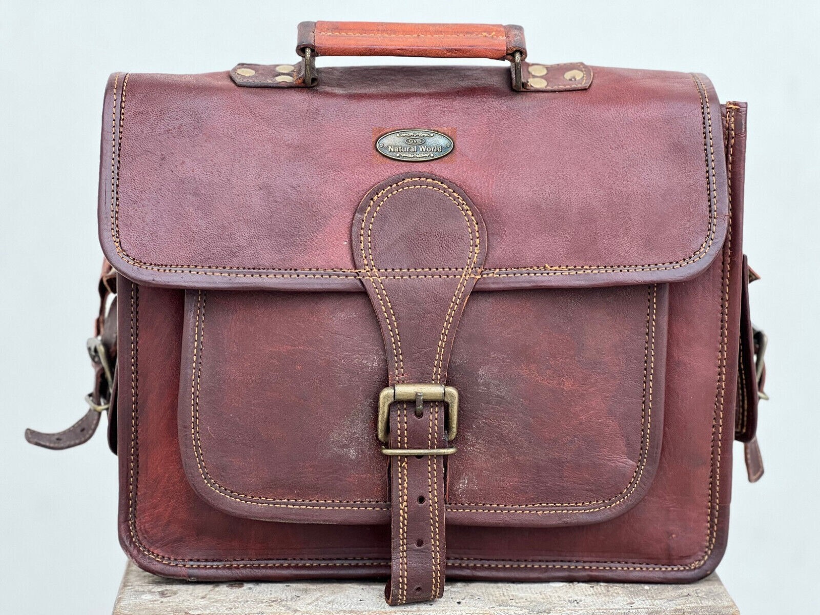 Real Briefcase Bag Men’s Vintage Lambskin Leather Messenger Shoulder Laptop