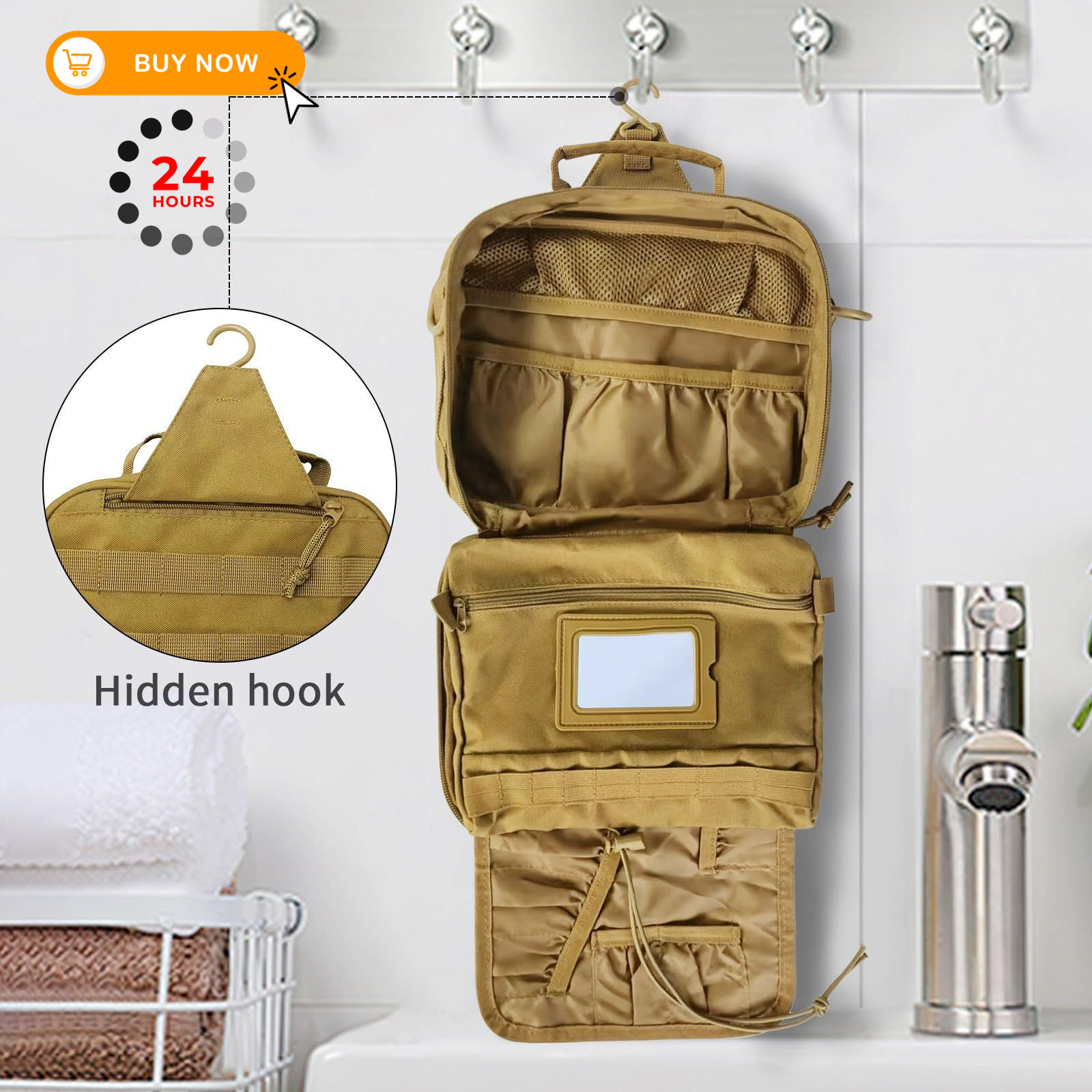 HJOKLS Tactical Hanging Toiletry Bag for Men，Mens 9.5×7.9×2.7 inches, Khaki