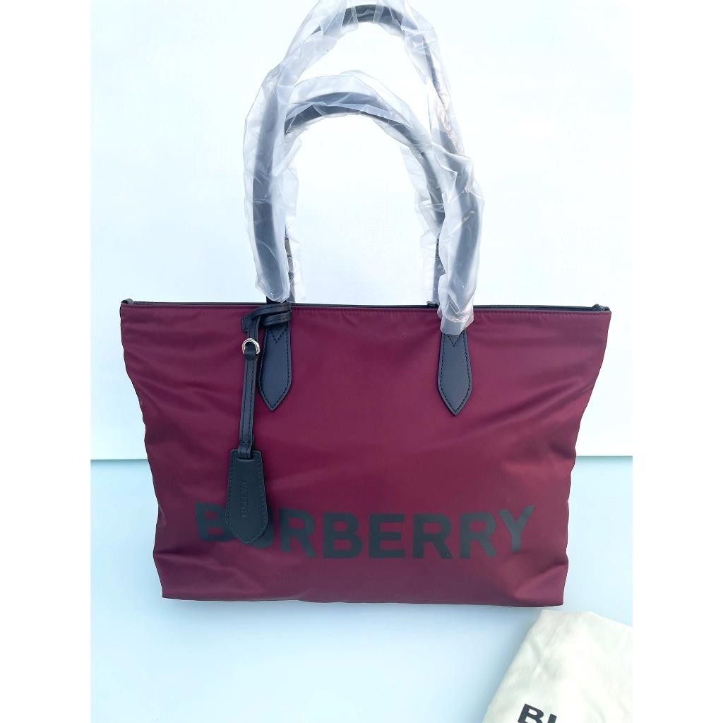 Burberry LL MD Nylon and Leather Tote Bag, in Dark Red, Made in Italy