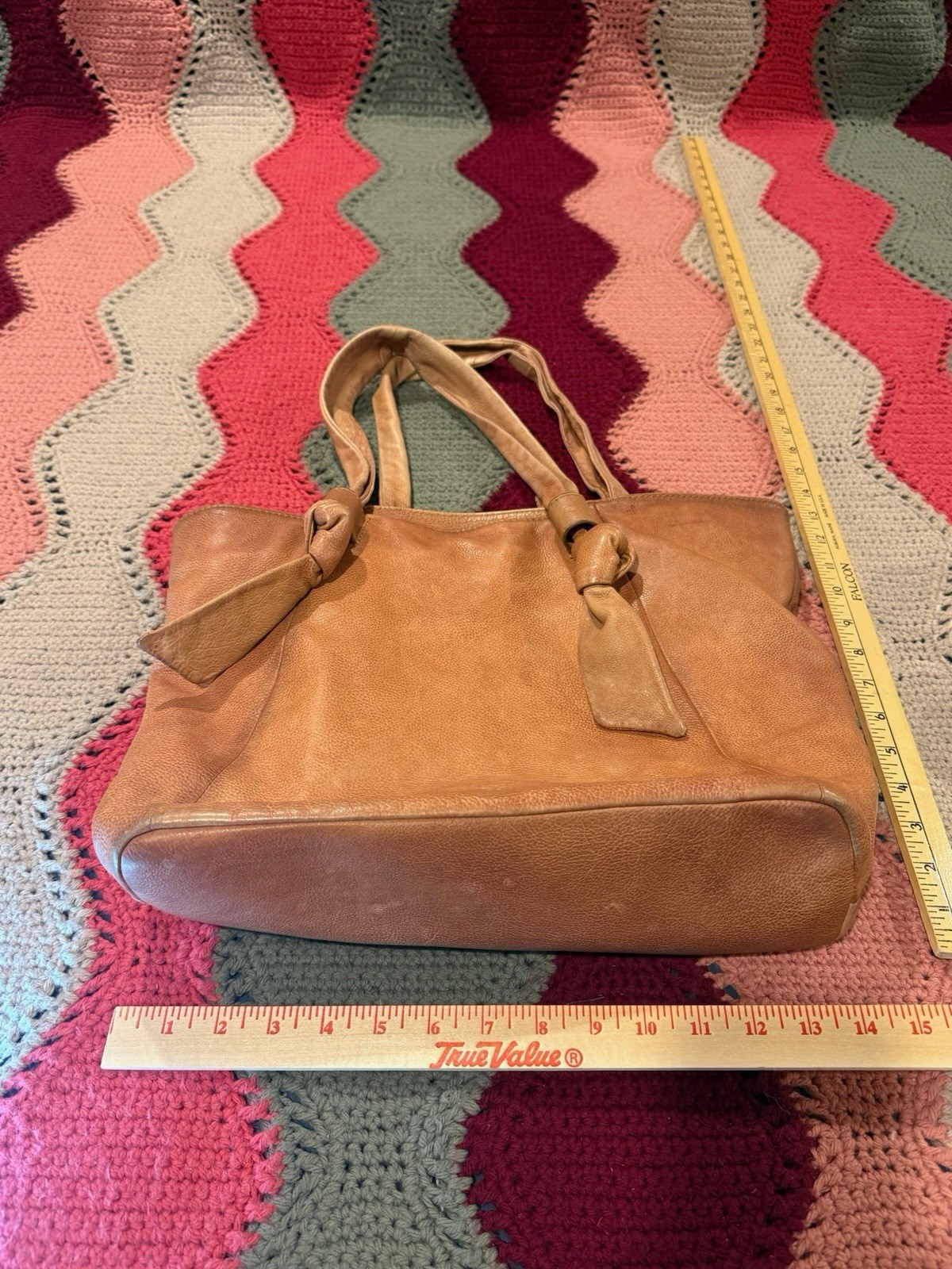 Frye Nora Knotted Tote Genuine Leather Shoulder Bag Two Tone Cognac Tan