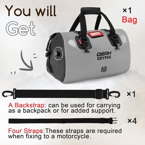 Waterproof Duffel Bag – Motorcycle Dry Bag Tail Bag with Large Storage 25L Grey