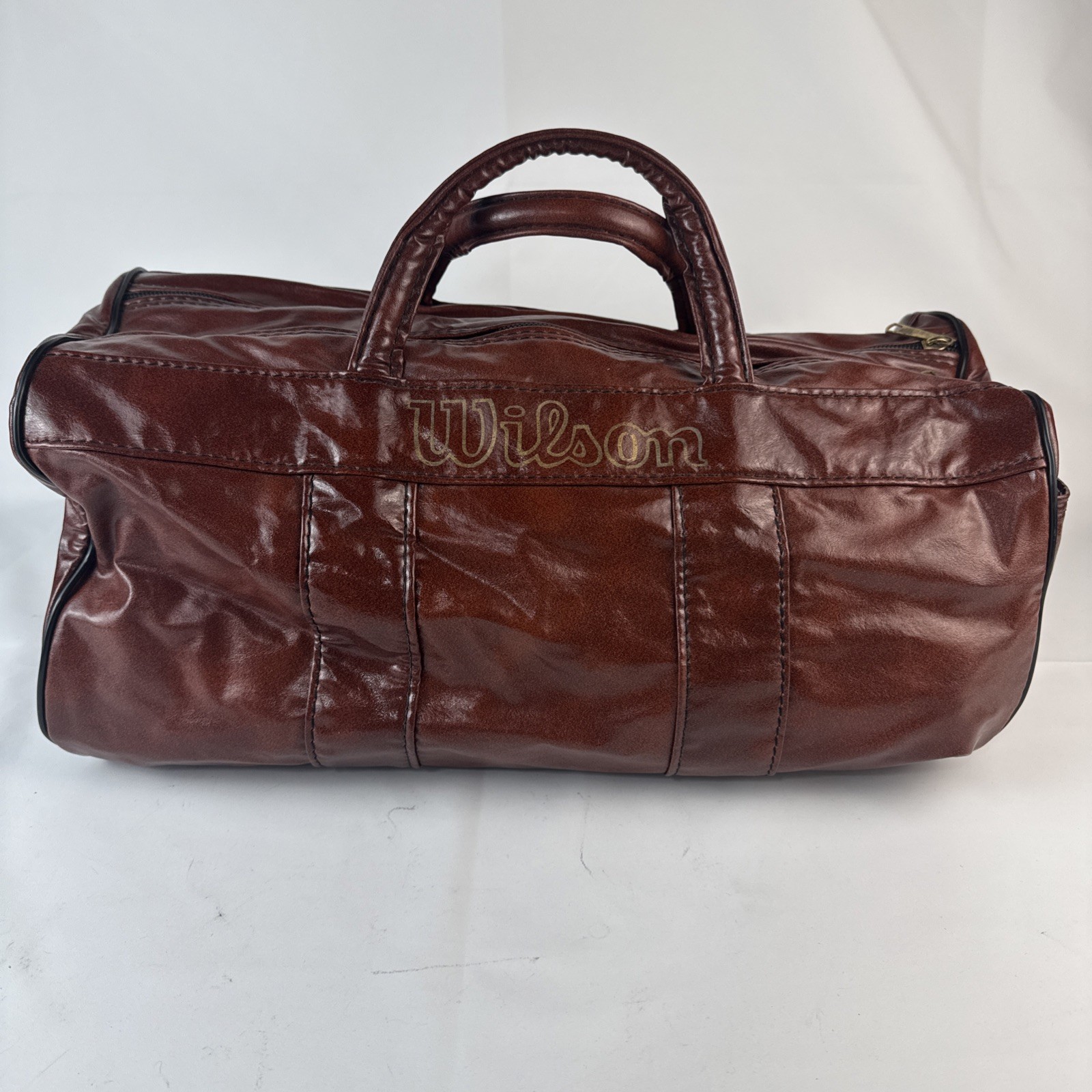 Wilson Vintage Spellout Duffle Bag Logo Red Brown Gold Faux Leather Gym Travel
