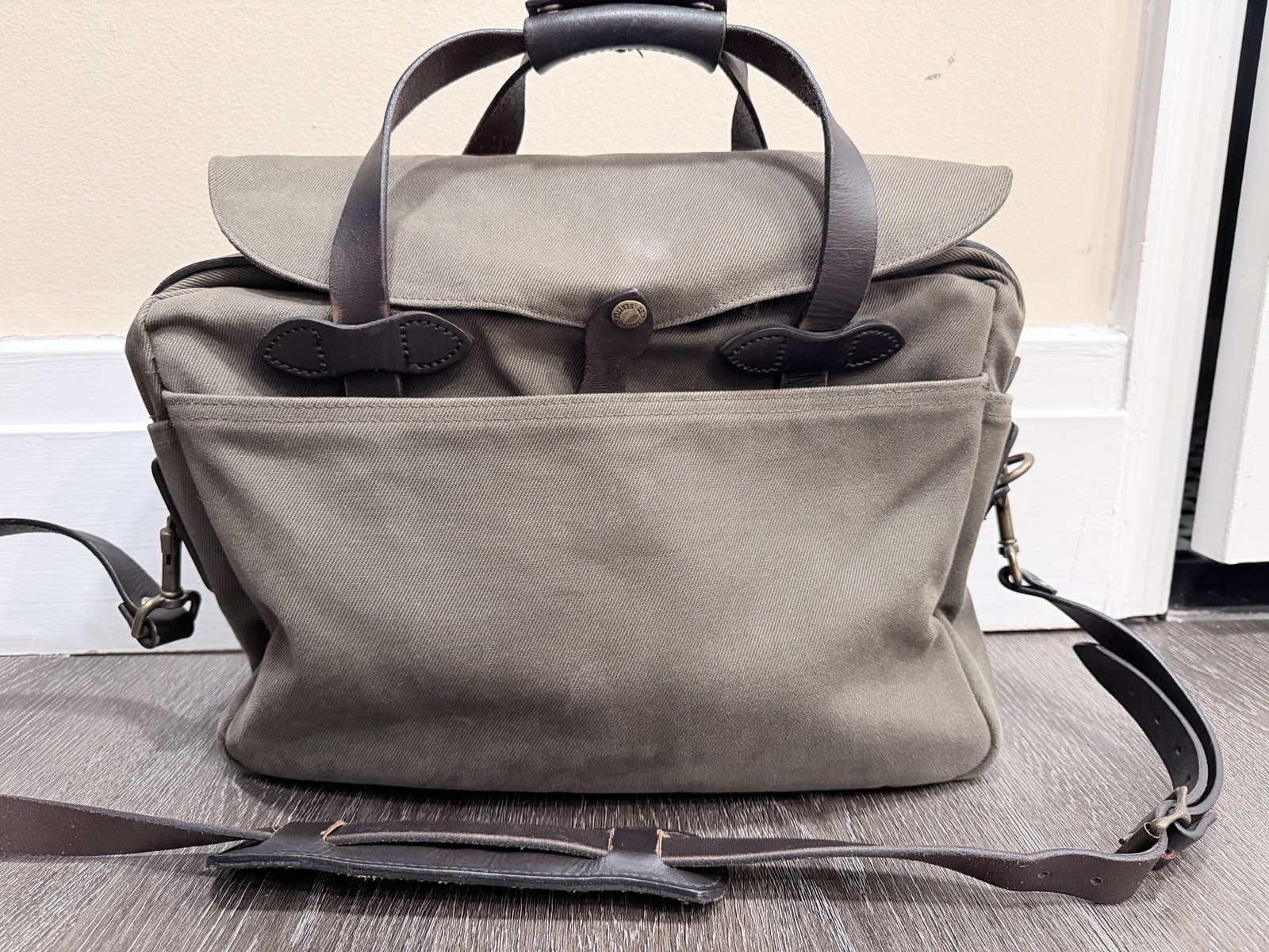 Filson 257 Rugged Twill Large Briefcase Otter Green with Patina, USA-Made Canvas