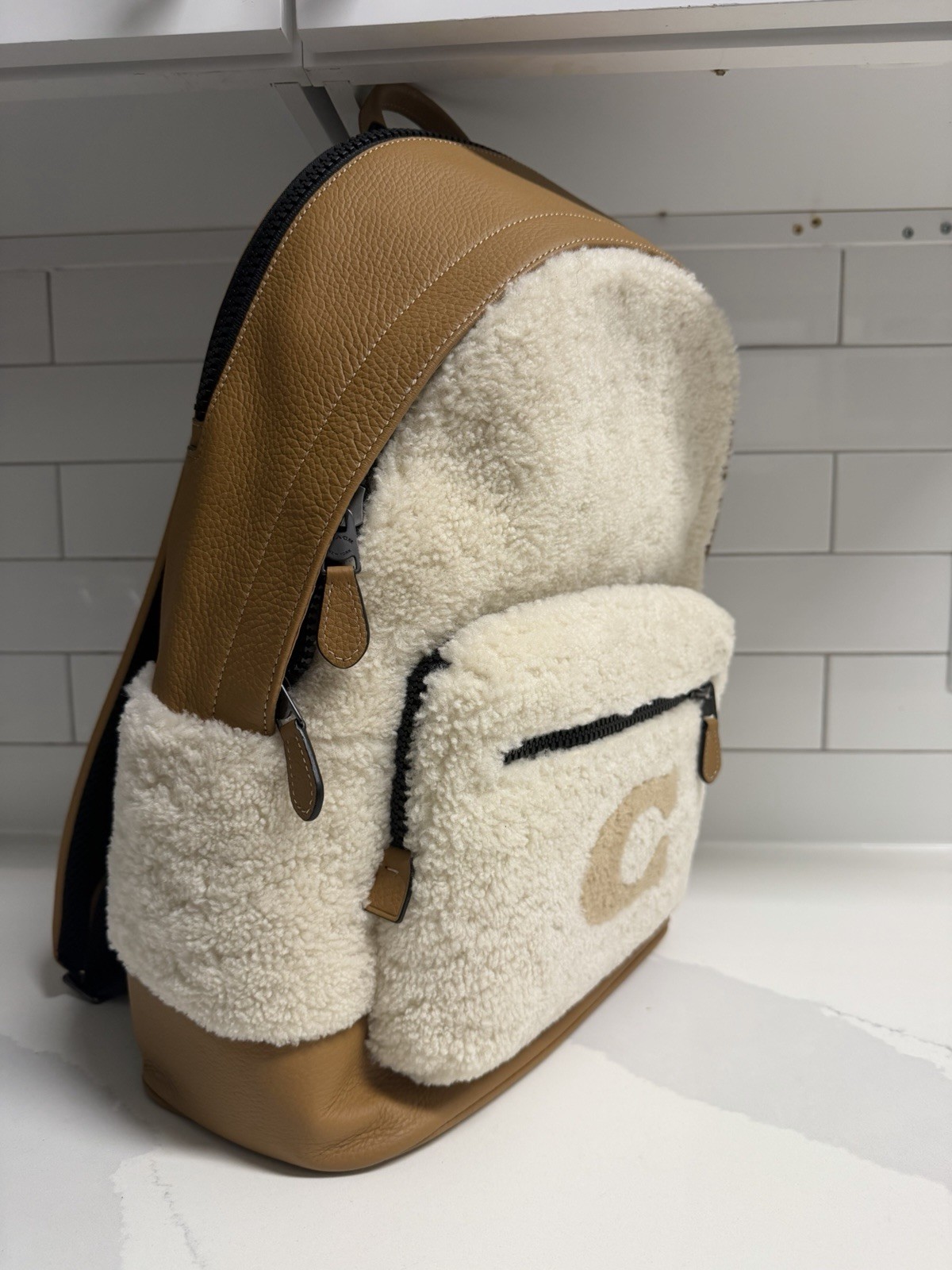 Coach Shearling Leather Backpack Brown Cream Adjustable Strap