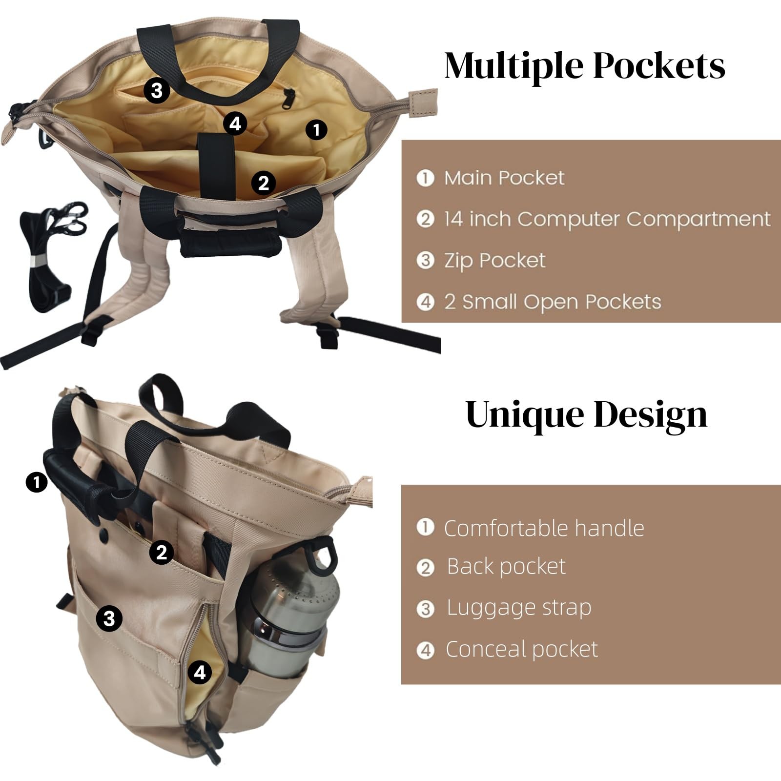 14 Inch Convertible Beige Laptop Backpack Purse for Women Travel Work, 3 In 1…