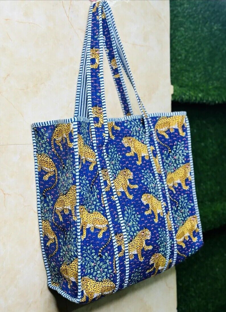 Multi Tiger Print Quilted Cotton Shoulder Bag Beach Style Women’s Handbag