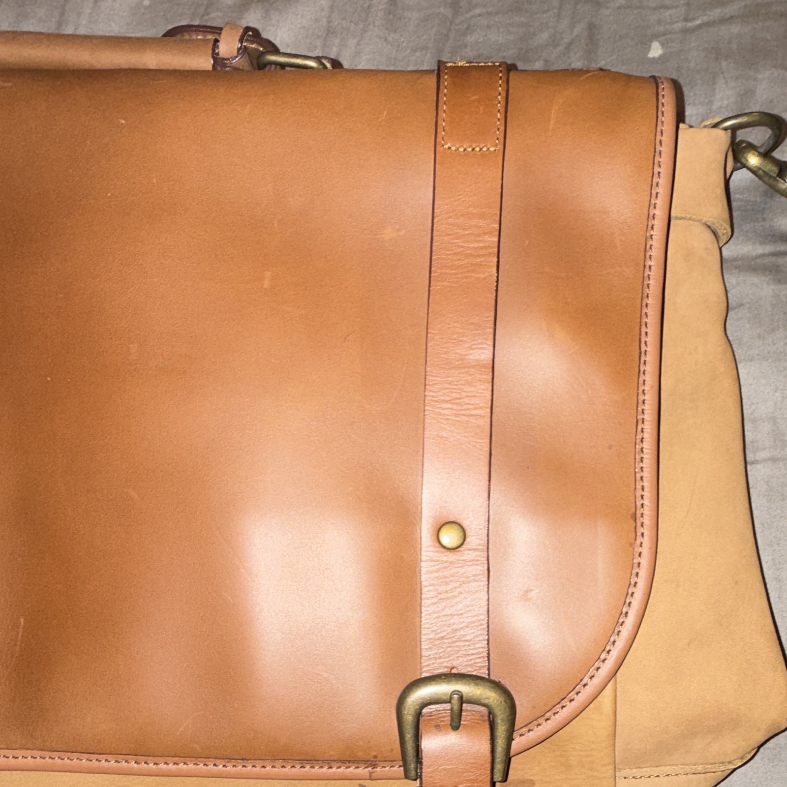 Brown/Tan genuine leather Messenger Bag, brass buckle Flap Crossbody Top Handle