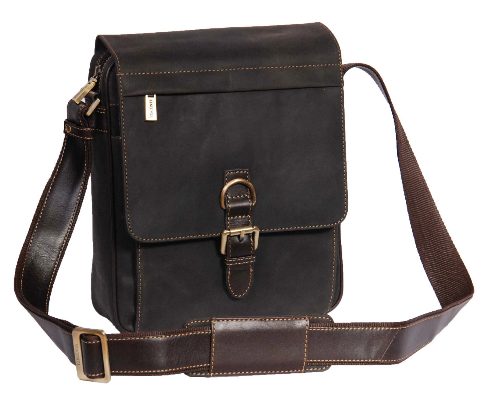 Vintage Real Leather Shoulder Cross Body Organiser Work iPad Tablet Bag Brown