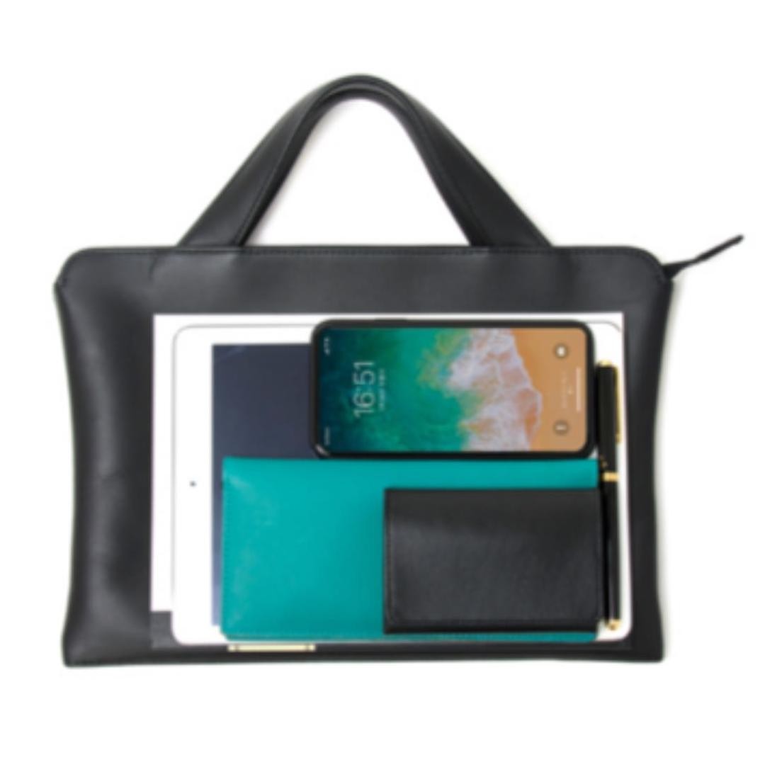 TRION Black Small Slim Leather Tote Bag Clutch Formal Casual Authentic
