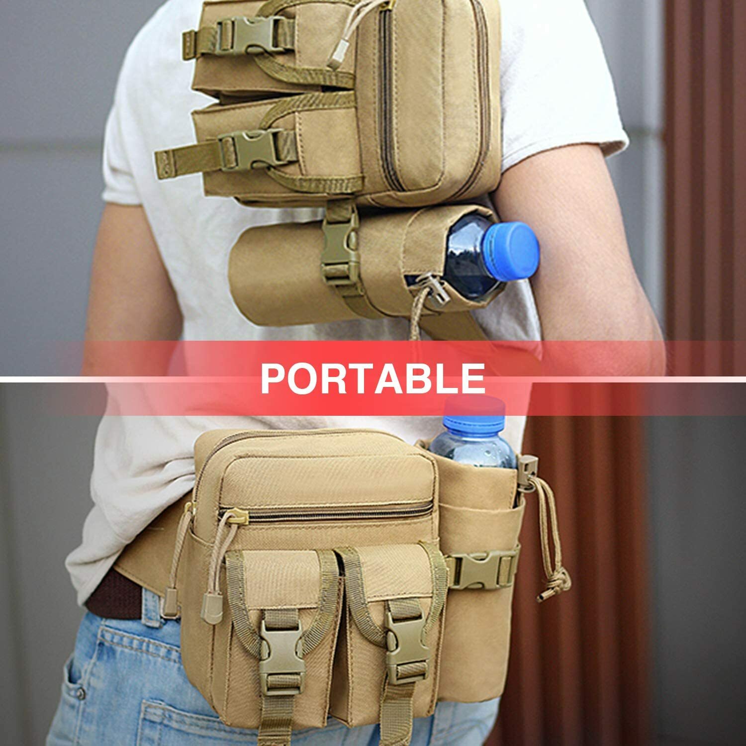 Tactical Waist Pack Pouch With Water Bottle Pocket Holder Waterproof Belt Bag US