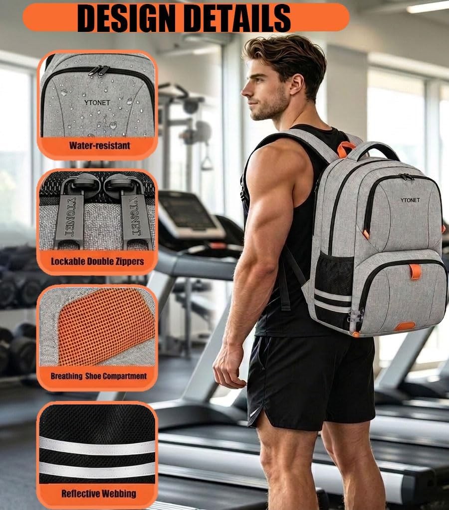 Gym Backpack with Shoe Compartment Sports Travel Bag Water Resistant Laptop Grey