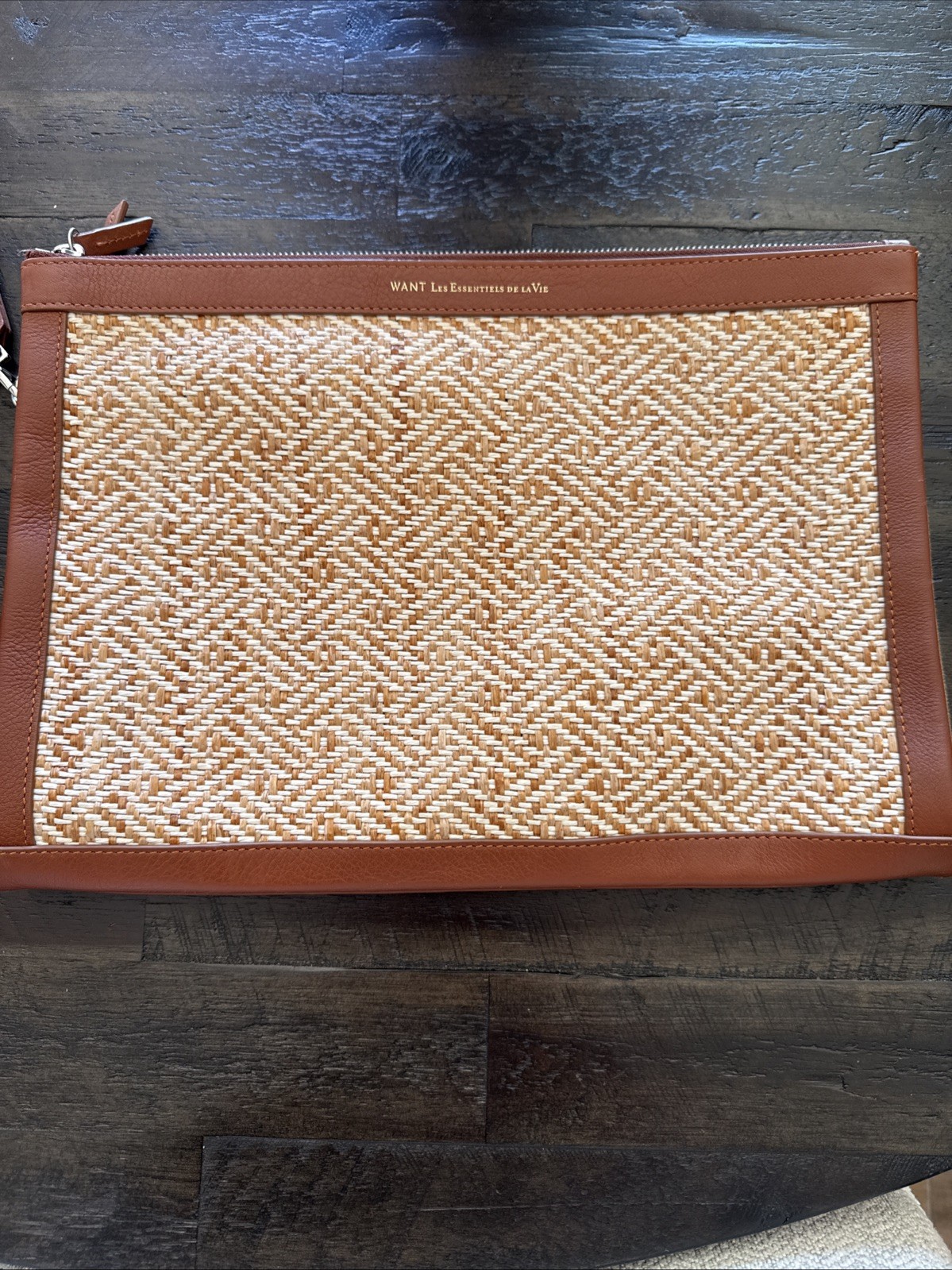 Want Les LES ESSENTIELS DE LA VIE Brown Leather Rattan Double Zip Folio Case