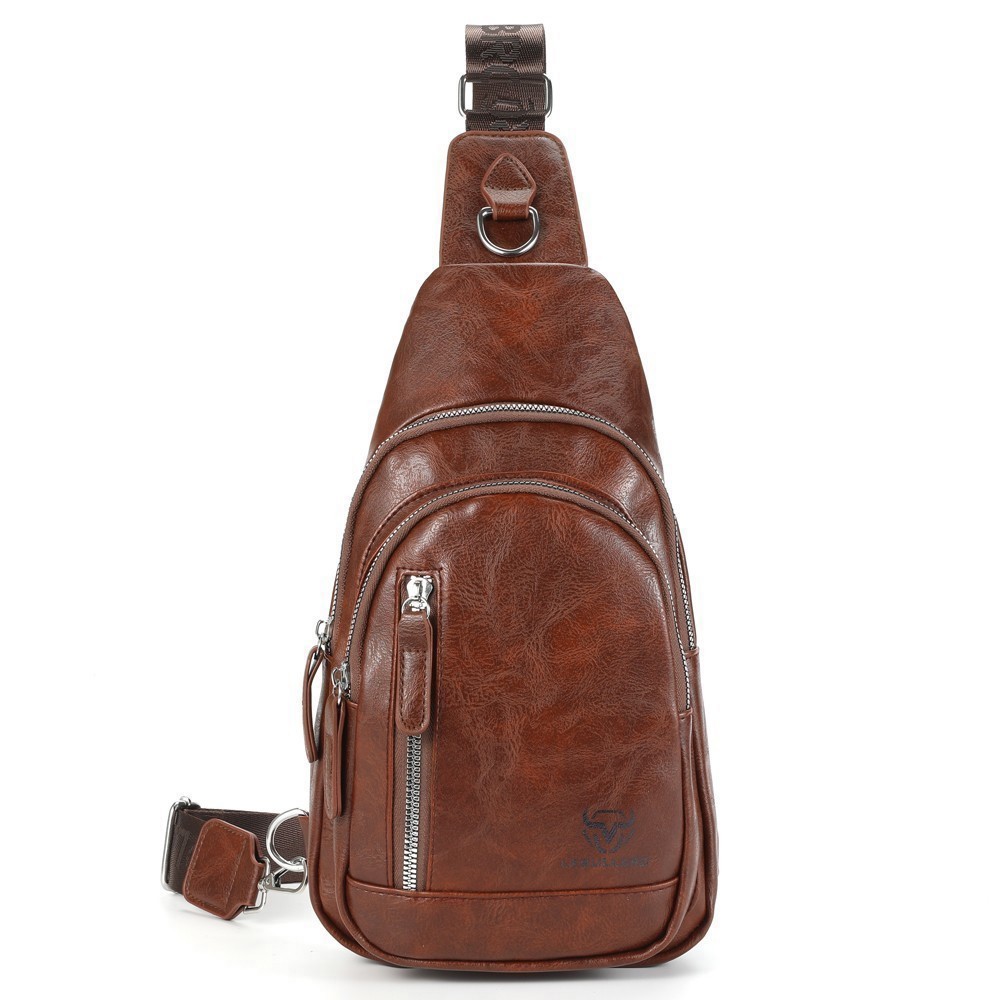 Men’s Leather Sling Bag Crossbody Chest Adjustable Strap Multiple Compartments