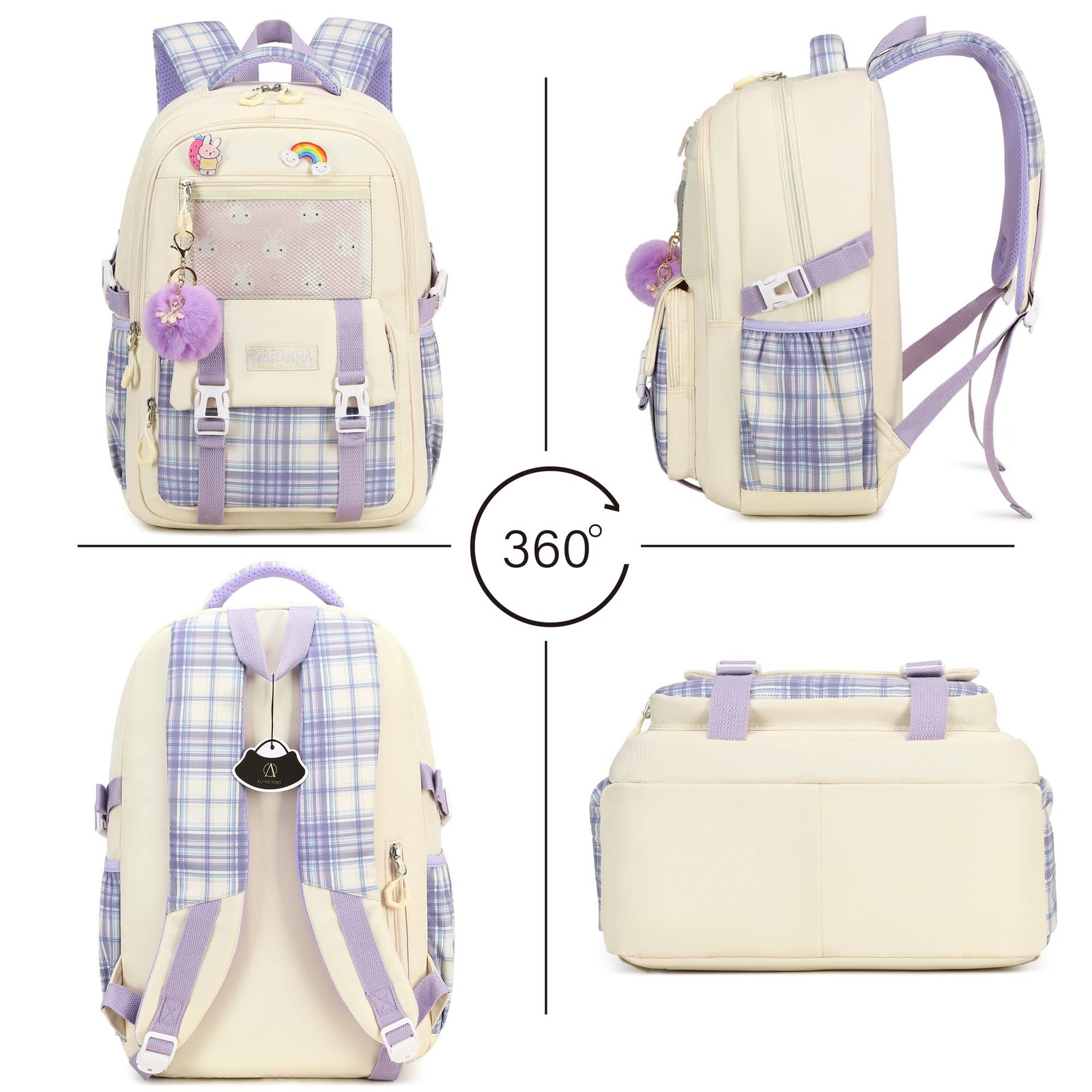 Beige and Purple Elementary Middle School Aesthetic Preppy Backpack For Girls