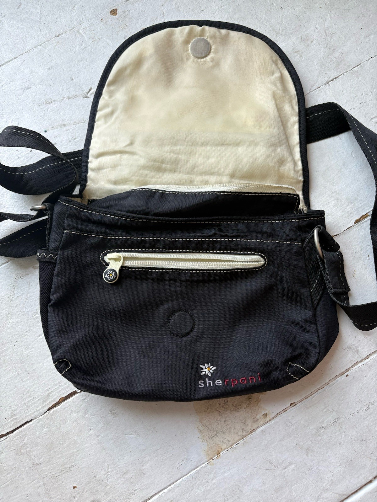 Sherpani Messenger Bag Milli Gray/Beige Embroidered Crossbody Strap Zip Pockets