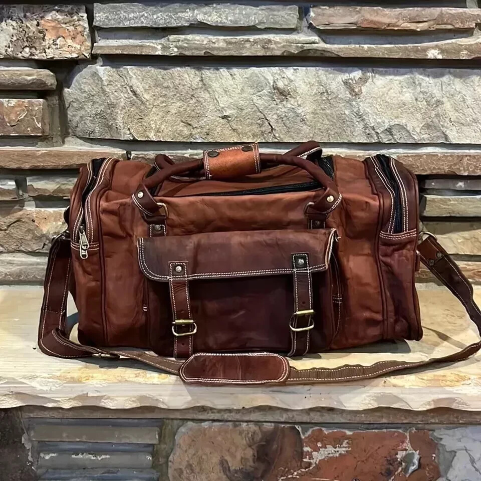Rugged Dark Brown Leather Duffel Bag 22″ x 10″ x 10″
