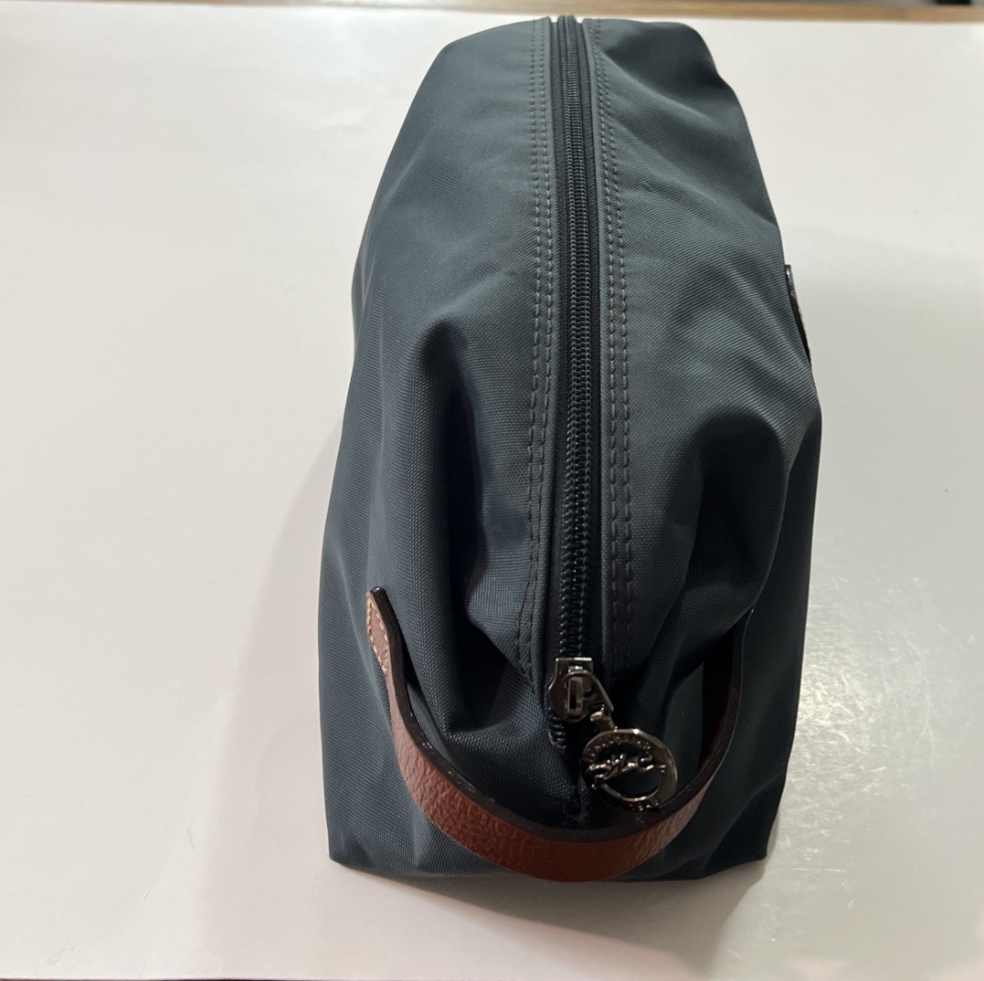 Longchamp Cosmetic Bag Nylon Grayish- Blue & Brown Leather Toiletry Travel Pouch