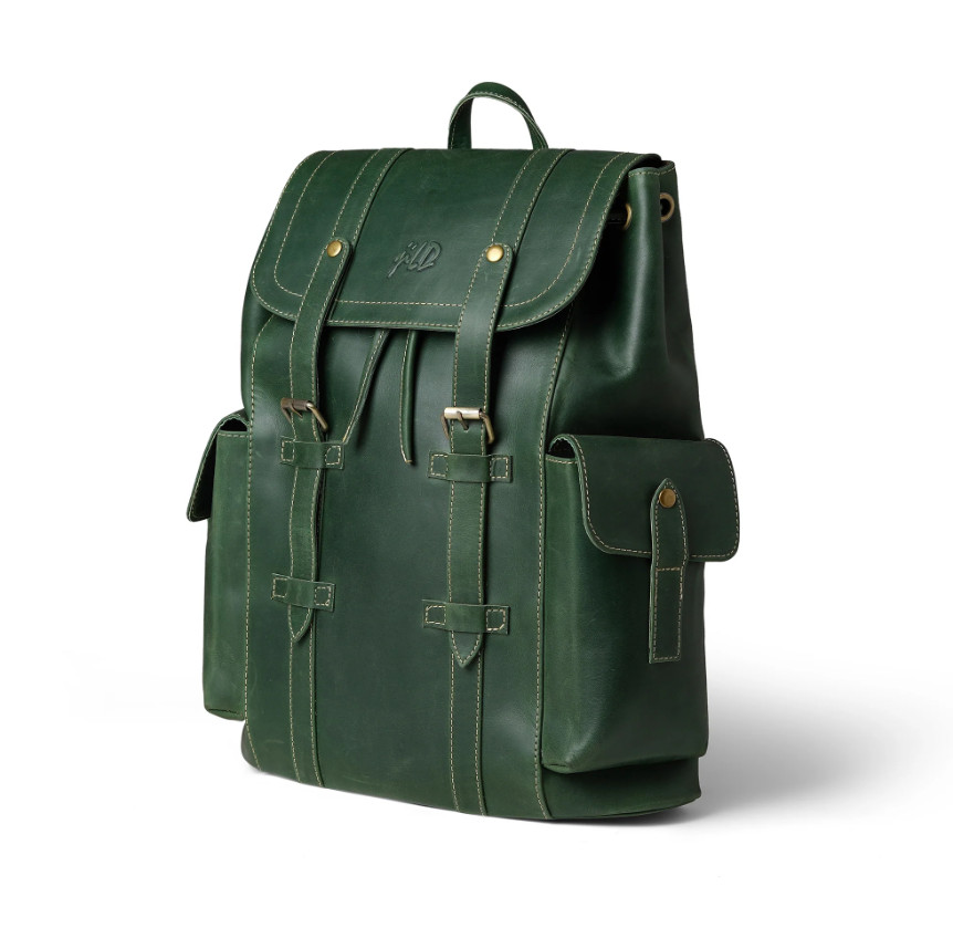 Leather Backpack Men Brown Green Laptop Office Travel Bag Double Shoulder Strap