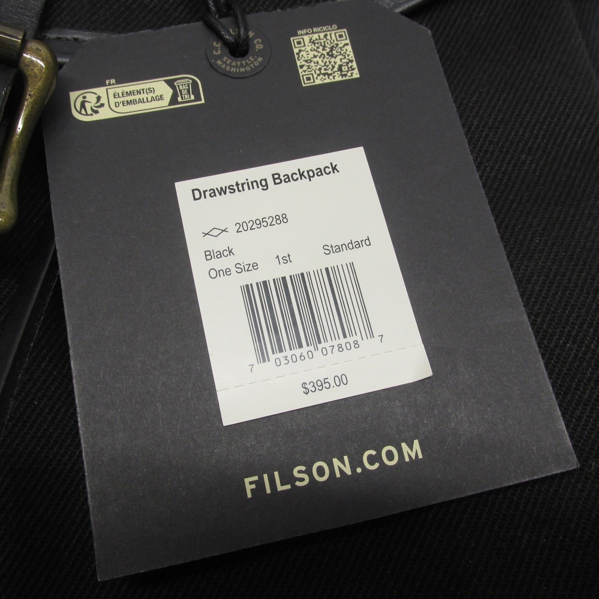 NWT FILSON Rugged Twill Drawstring Backpack Black Bridle Leather Straps EE49
