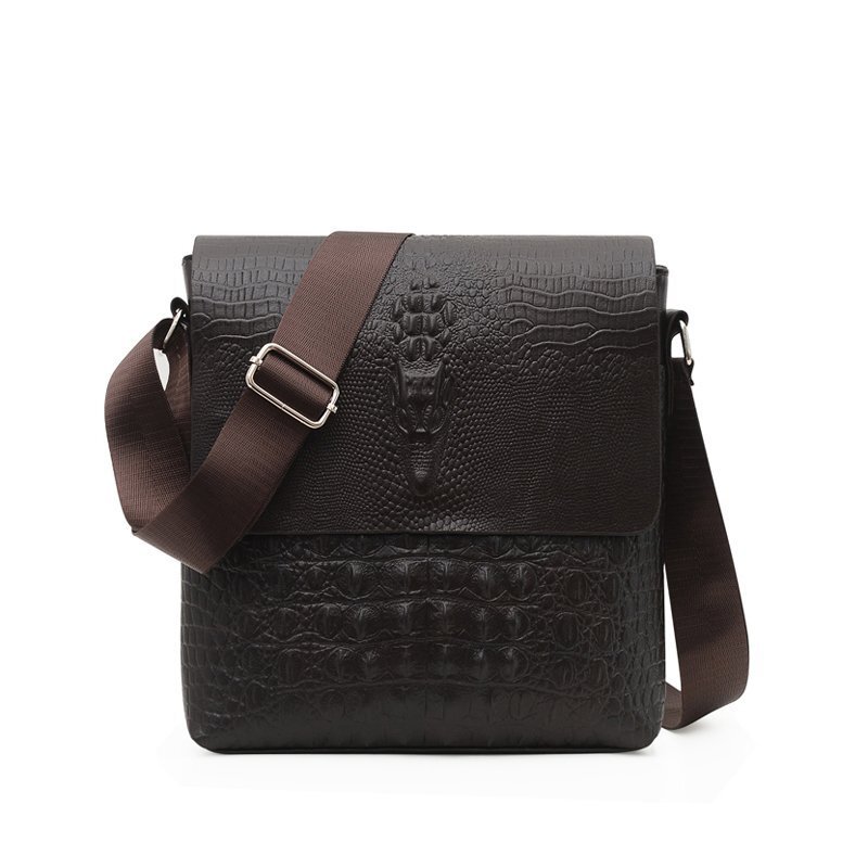 Men Leather Black Crocodile Sling Shoulder Bag Crossbody Bag 10″ Messenger Bag B
