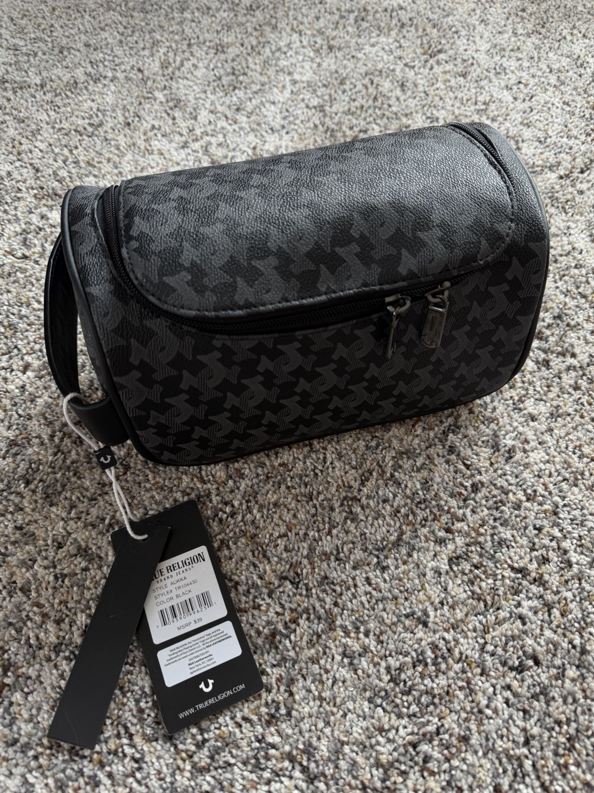 True Religion Aukka Black Houndstooth Toiletry Dopp Kit Bag W/ 2 Travel Bottles